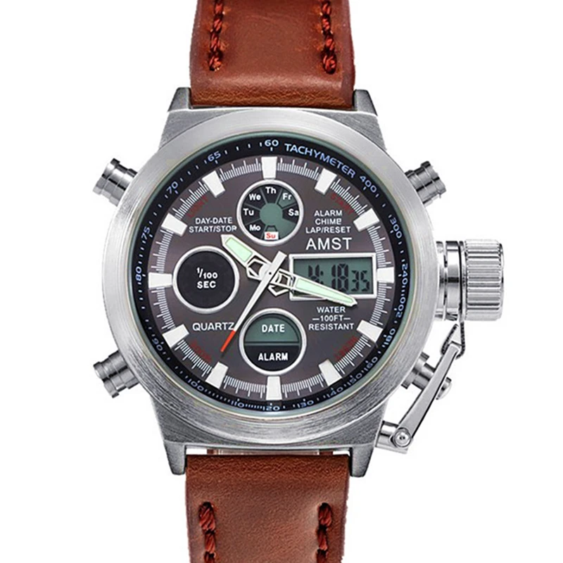  AMST Brand Men Leather Canvas Strap Sport Quartz Watch Led Digital 50M Waterproof Swim Army Militar