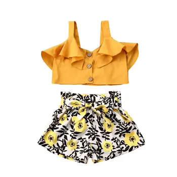 

Baby Summer Clothing Girls 2pcs Outfit Set Cozy Sling Button-Down Lotus Leaf Loose Top Shirt Short Flower Pants Set