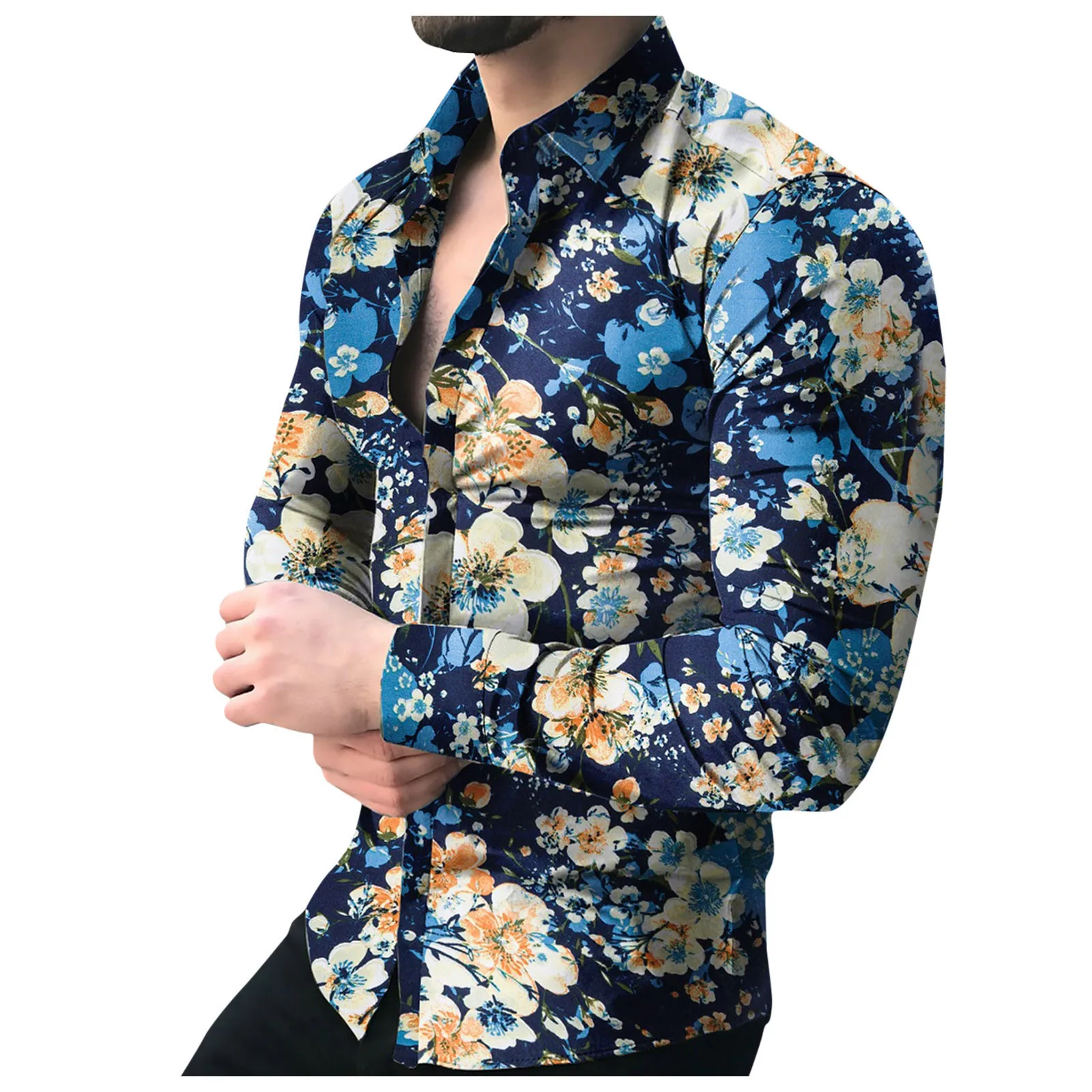 Vintage Clothes Men's Harajuku Shirt Magnolia Print Long Sleeve Button Turn-down Collar Tops Hommes De Vêtements Ete |
