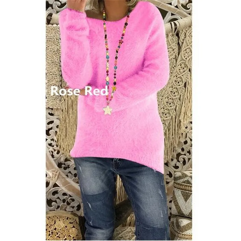Вязаный Пушистый Плюшевый женский свитер с длинным рукавом, розовый милый женский пуловер с круглым вырезом,, Осень-зима, свободные джемперы