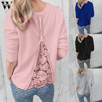 

Womail Women Sweatshirts Autumn Fashion Thin Long Sleeve Pullover Lace Patchwork Korean loose S-5XL Female Casual Coat outwear