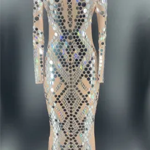 Для женщин сценический танец блестящие серебряные блестки кристаллы длинное платье Прозрачный беспорядок зеркала Свадебные прозрачные наряд