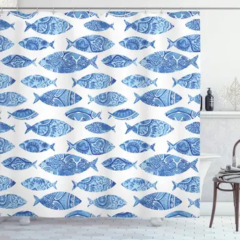 

Blue Shower Curtain Fish Sea Animal with Ottoman Ornate Mosaic Hand Drawn Style Marine Artwork Bathroom Decor Set with Hooks 70"