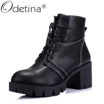 

Odetina Women Fashion Block High Heel Sewing Round Toe Short Boots Ladies Winter Cross-tied Platform Casual Lace Up Ankle Boots