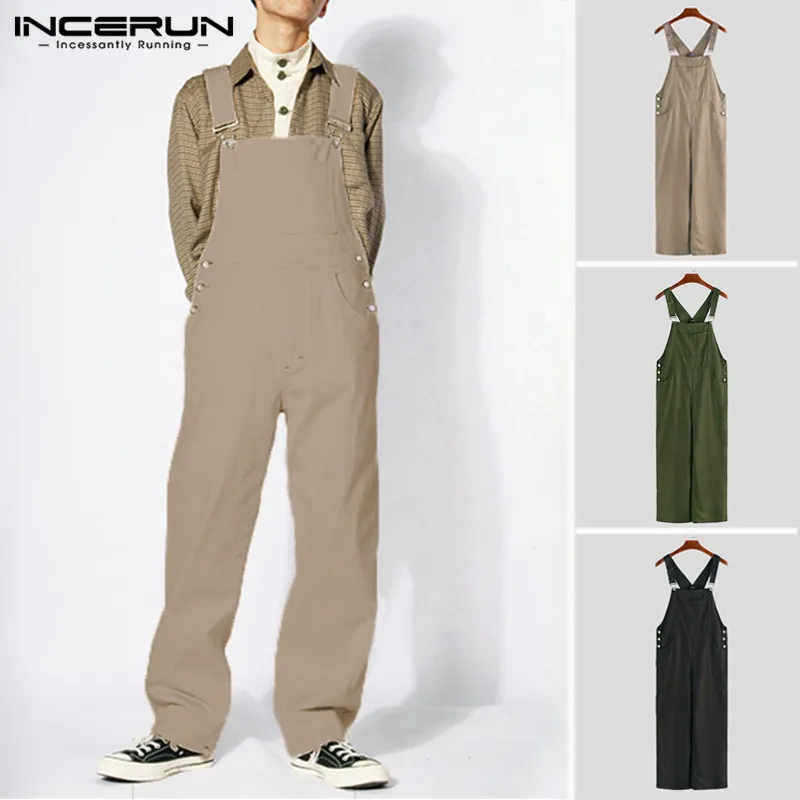 

2020 Stylish Men Rompers Pockets Jumpsuit Solid Color Baggy Straps Streetwear Overalls Men Straight Pants Joggers INCERUN S-5XL