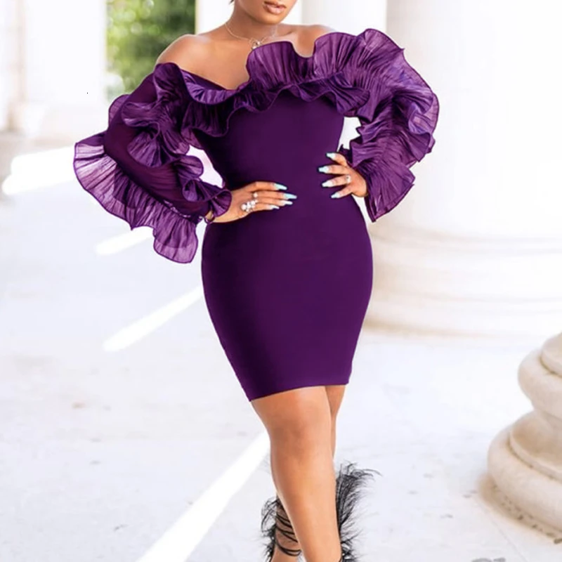 

XXL Ruffles Shoulder Bodycon Dress Women Solif Color Elegant Long Sleeve Party Dress