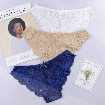 

Sexy Panties Woman Lace Transparent Briefs Hollow Out Cotton Crotch Girls Underpants Female Underwear 3 Pcs/Set Dropshipping