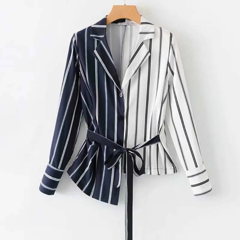 

Women Autumn Striped OL Blouses Contrast Color Stitching Irregular Shirts Ladies Long Sleeve Single-breasted Tops