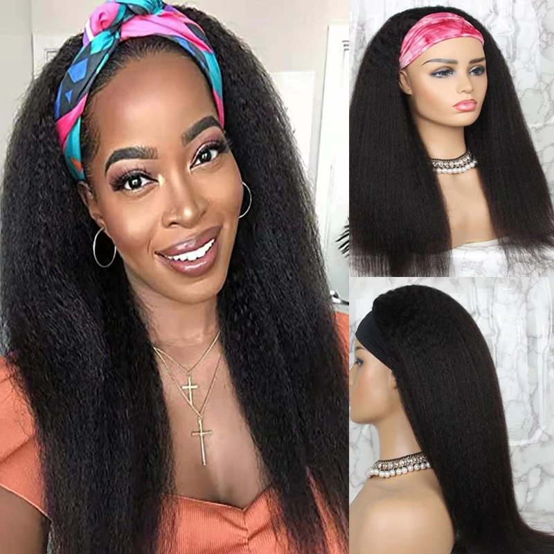Black Long kinky Straight Headband Wig for Black Women Replacement Yaki