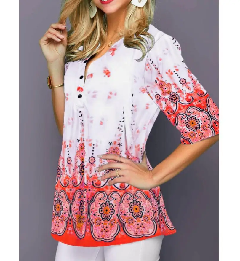 Shirt Blouse Fashion 2020 Large Size Tops Women  Casual V Neck Shirt Ladies Loose Floral Print Tunic Shirt