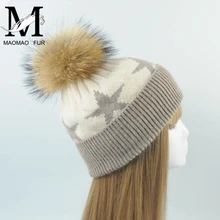 Женская шапка из натурального меха енота, шапка с помпонами, зимняя Осенняя вязаная шерстяная шапка Skullies, теплая кашемировая шапка