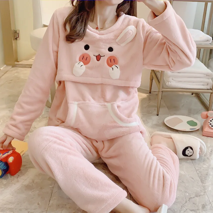 

New cartoon autumn and winter coral velvet pits month clothing flannel prenatal postpartum thickening breastfeeding suit pregnancy home service