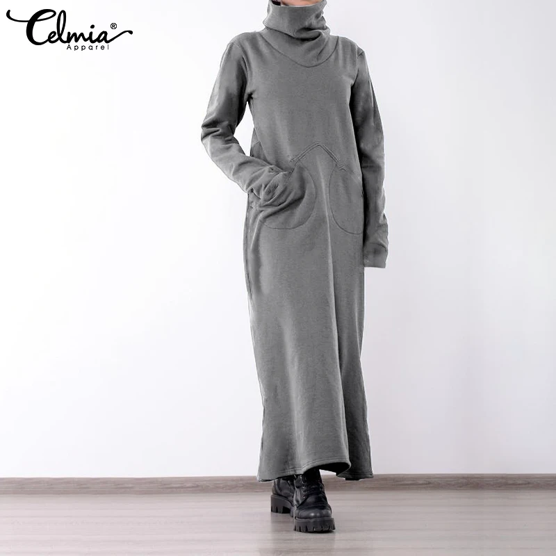 

Vintage Casual Long Sleeve Pullover Maxi Dress Celmia 2019 Winter Women Warm Turtleneck Loose Pockets Solid Dress Plus Size Robe