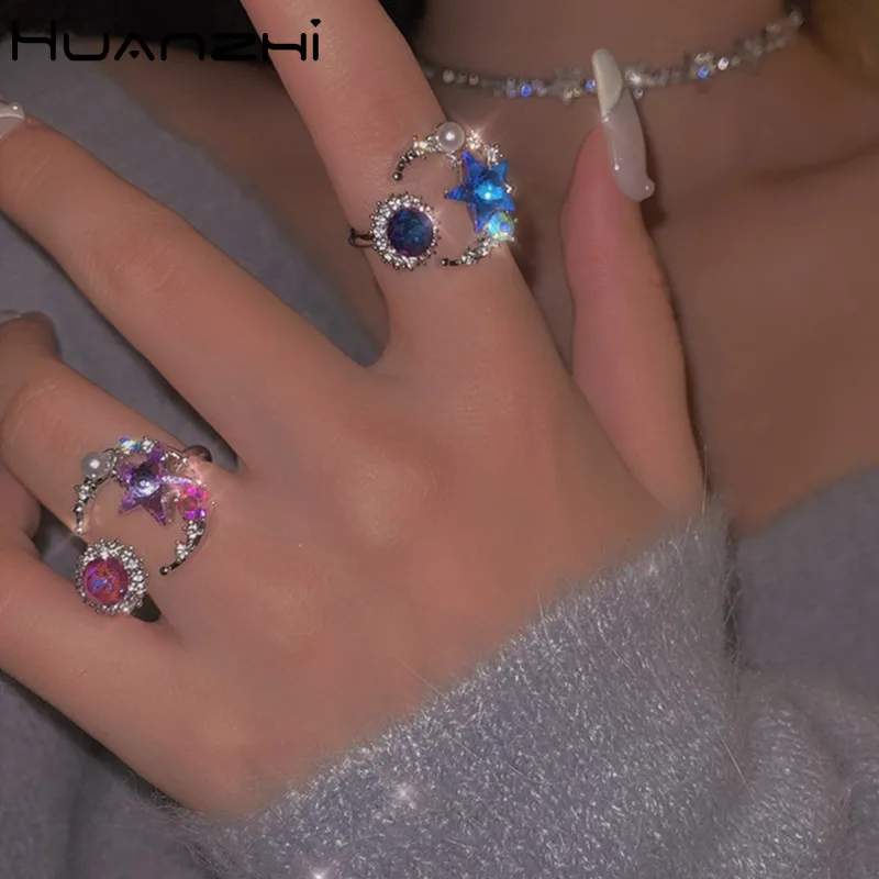 HUANZHI 2020 New Korean Trendy Elegant Color Crystal Inlaid Imitation Pearl Star Moon Alloy Rings for Women Girls Party Jewelry | Украшения