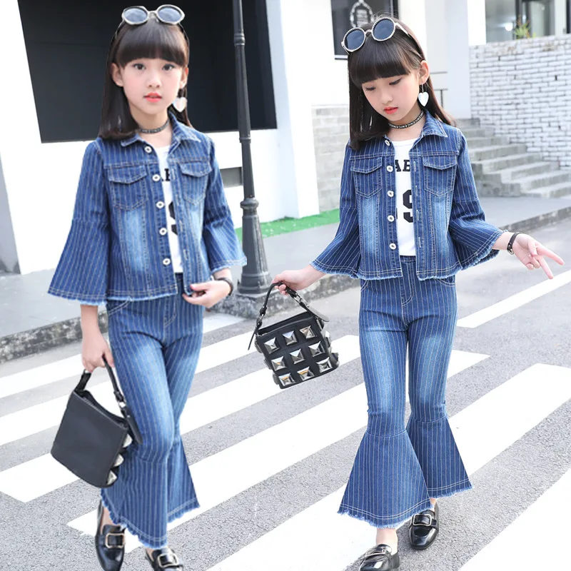 

Girl's fashion suit new Korean version of spring and autumn foreign style children's denim jacket + jeans + T-shirt 3-piece set