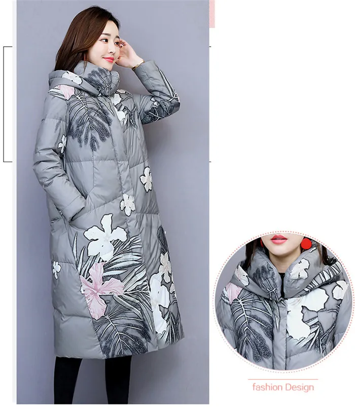 Women warm cotton jacket small fresh long cotton print coat with hood winter jacket womens slim long sleeve parka Overcoat G83