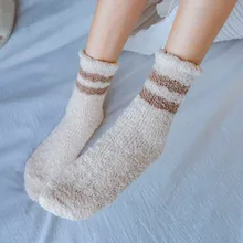 Женские полосатые плюшевые плотные теплые носки-тапочки, коралловые флисовые Носки для сна, женские Чулочные изделия, зимние кавайные теплые ультра носки 12,16