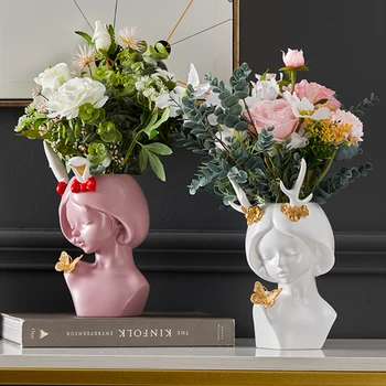 

Resin Human Face Vase Ornaments Home Living Room Desktop Dry Flower Decoration Deco Maison Flower Pot Cute Antlers Girl Vases