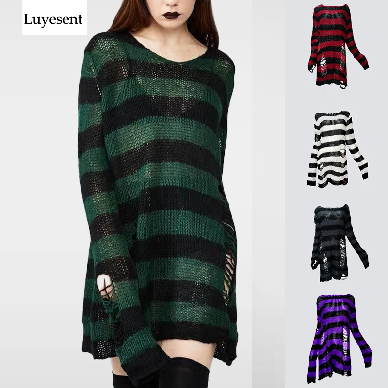 Najtaniej Plus rozmiar Punk Gothic długi Unisex sweter kobiety mężczyzna paski fajne drążą otwór złamany skoczek para luźne Rock cienkie swetry