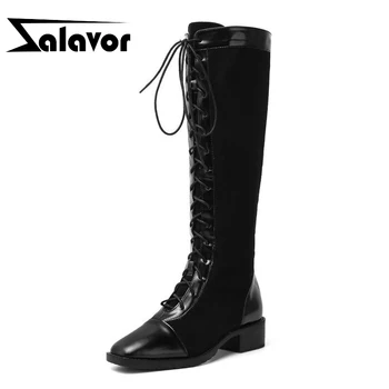 

ZALAVOR News 2020 Women Knee Boots Fashion Two Shaft Height Lace Up Zipper Knee High Short Boots Long Low Heels Boots Size 34-43
