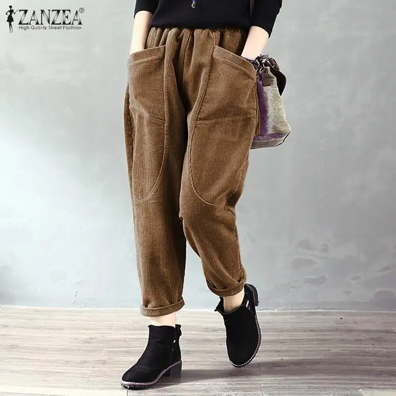 ZANZEA Винтаж для женщин вельветовые брюки осень эластичный пояс Твердые свободные шаровары брюки размера плюс репа Pantalon Palazzo