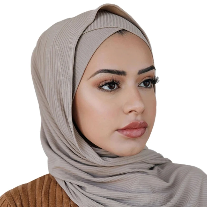 

2022 New Ribbed Women Muslim Underscarf Cap Stretchy Forehead Cross Inner Hijab Caps Islamic Under Scarves Bonnet Turban Femme