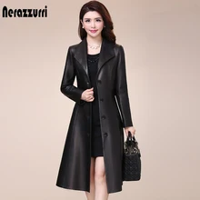 Nerazurri casaco de couro sintético feminino, casaco longo de couro preto macio com botões e manga comprida, jaqueta elegante para primavera e outono 2021