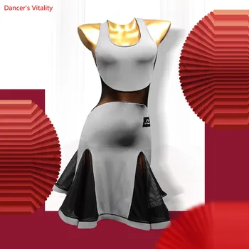 

Latin Dance Clothes Women Sleeveless Backless Mesh Stitching Package Hip fish Bone Big Swing Skirt Latin Competition Dress