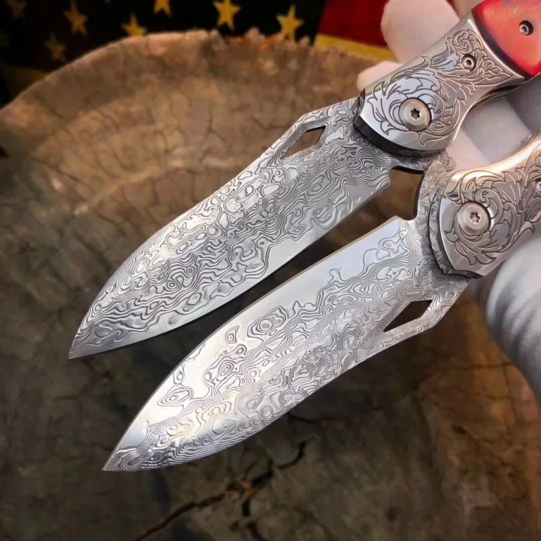 Складной нож, кованое лезвие из дамасской стали+ инкрустация из нержавеющей стали с резной головкой+ импортные красочные затвердевшие деревянные ручки EDC