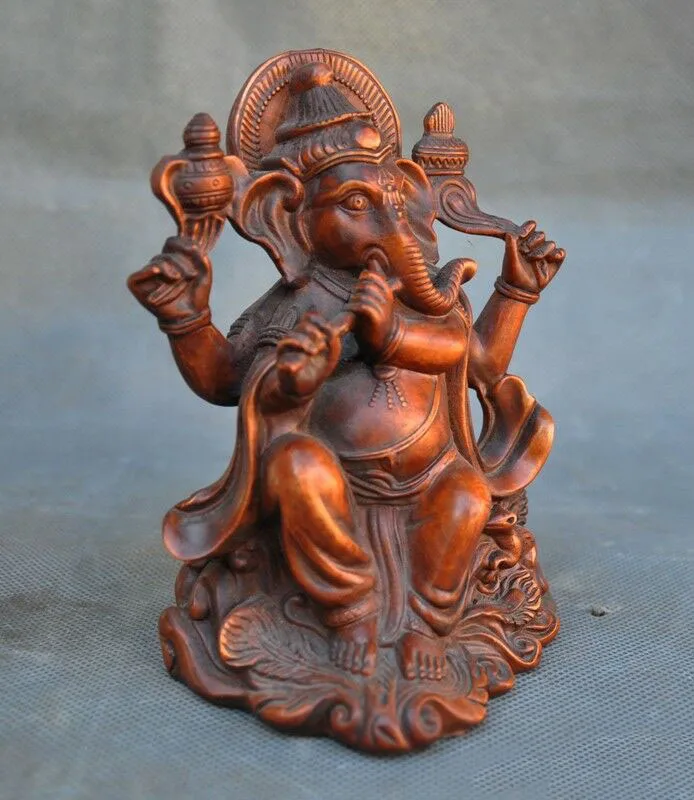 wedding decoration 6"Old Tibet Boxwood wood Carved Buddhism Elephant Jambhala Ganesha Buddha Statue