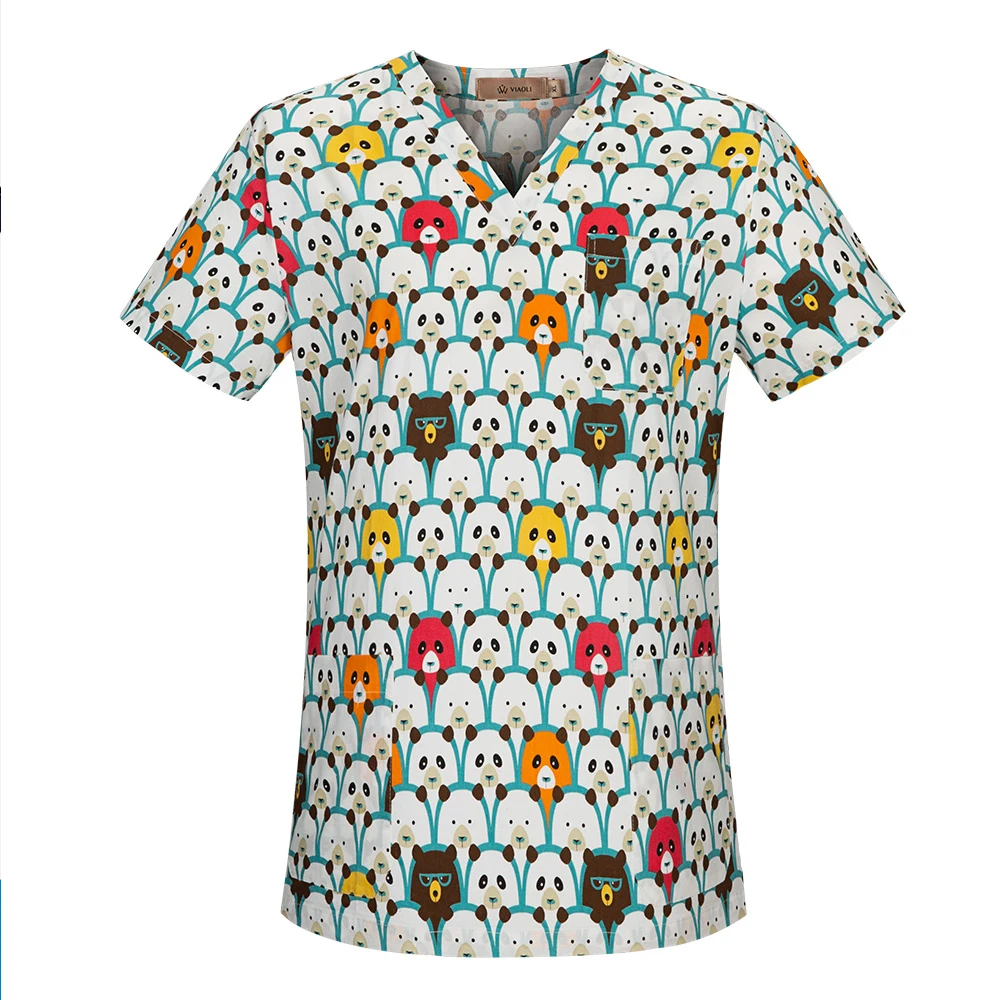 V-neck Breathable Dental clinic scrubs tops cartoon printing Pet doctor uniforms hospital nursing scrubs tops medical workwear