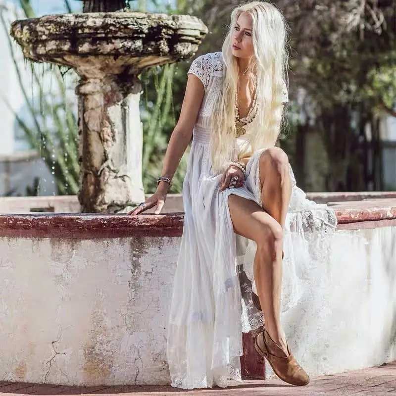 KIYUMI свадебное платье женское кружевное платье с пуговицами Boho платья Новое Цыганское Платье с v-образным вырезом и коротким рукавом элегантное хлопковое Макси платье