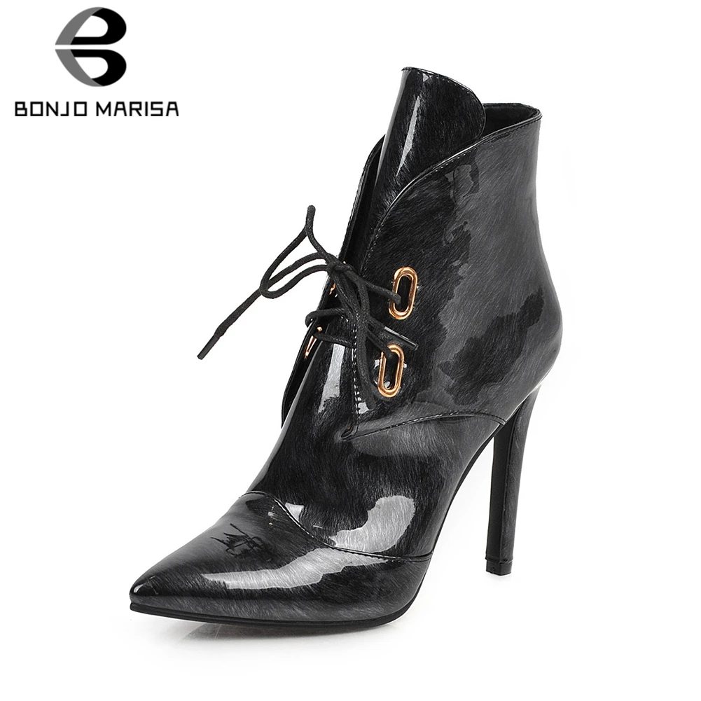 

BONJOMARISA New 33-48 Fashion Party Pointed Toe Booties Ladies lace-up Patent Pu Ankle Boots Women 2019 High Heels Shoes Woman