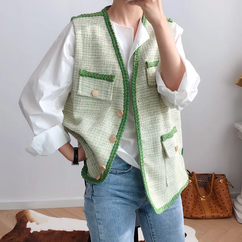 

HLHPYHB Women Green Stripes Plaid Tweed Vest Coat Female Twist Edge Tanks Vest Outwear Tops Autumn Winter Lady Loose Waistcoat