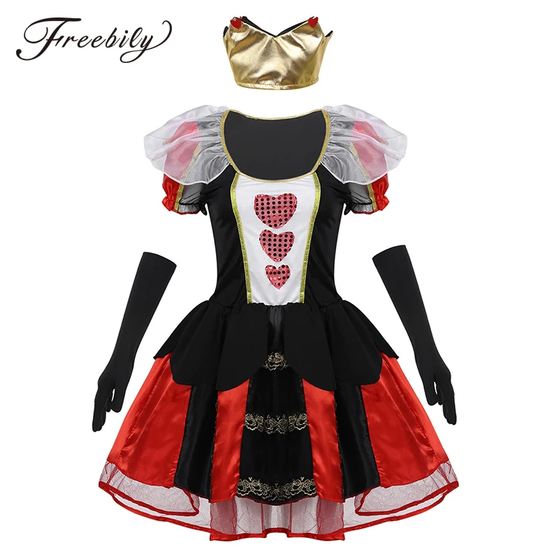

3Pcs Women Adults Royal Queen Halloween Costume Outfit Short Puff Sleeve Three Sequin Hearts Party Dress with Crown and Gloves