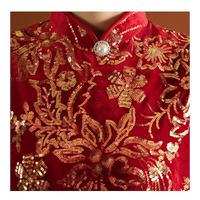 Chinese Dress Female Evening Dress Velvet Phoenix Tail Cheongsam Chinese Style Classic Qipao Vintage Button Dresses Gown Spring Banquet