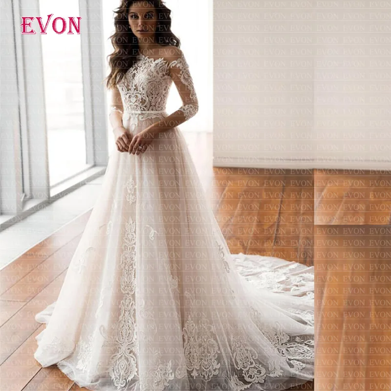 Boho 3/4 рукава трапециевидные Свадебные платья дешевые Vestido De Noiva Элегантный Совок длинный шлейф кружевное свадебное платье на заказ пляжное