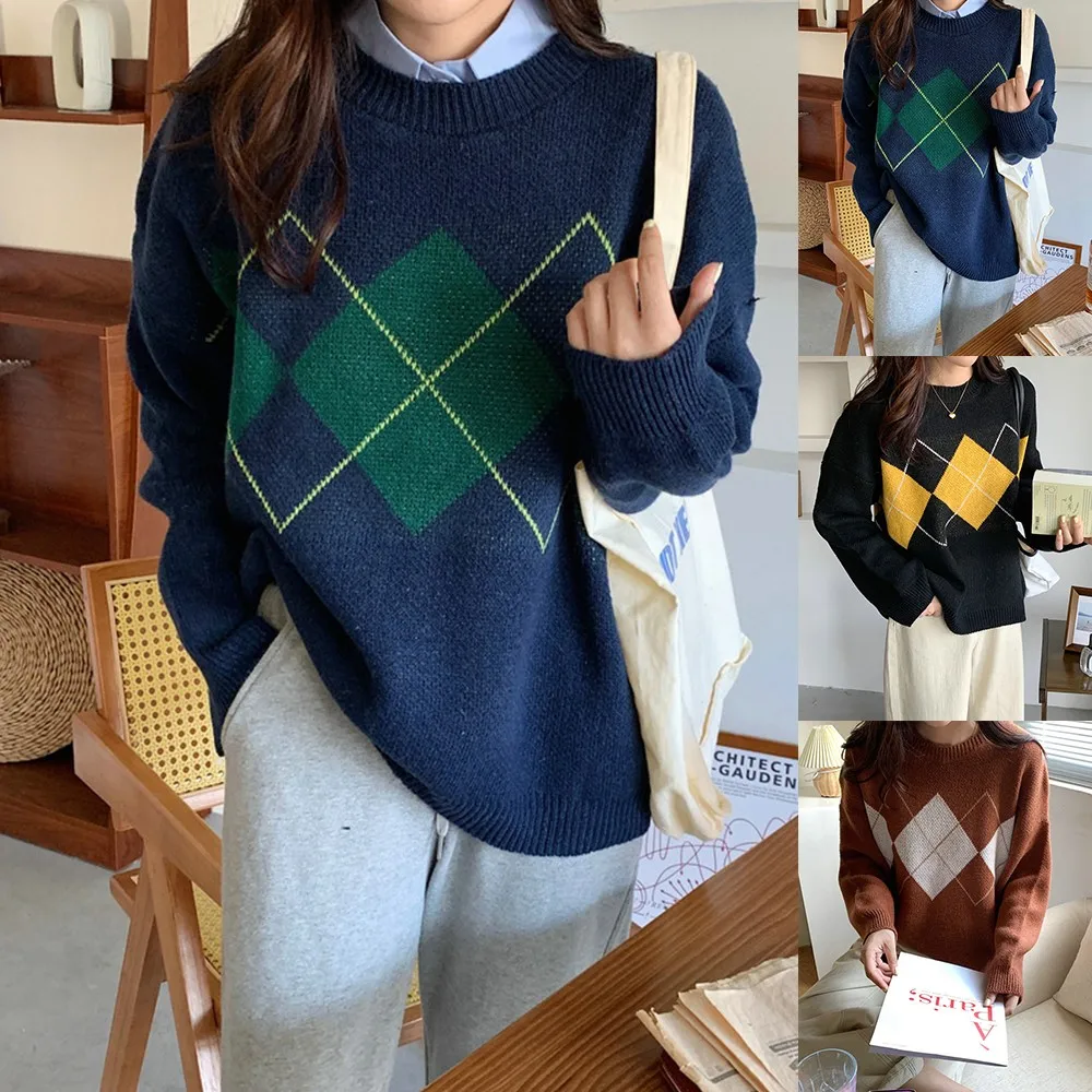 Women Korean Autumn Winter Long Sleeve O-neck Classic Argyle Sweater Knitted Warm Casual Pullovers Back To The Basics Jumper Top long sweater