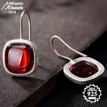

S925 Fine Jewelry Ruby Drop Earrings Women Handmade Square art Natural Carnelian Retro Ruby red jasper