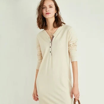 

2019 Autumn Winter new Slim cashmere dress V-neck full sleeve knit solid color long pullover women's