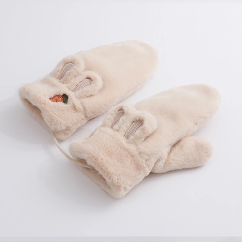 beige Зимние Модные женские перчатки женские мультфильм Вышивка Морковь плюшевый кролик с ушами для верховой езды толстые Висячие шеи варежки - Цвет: beige
