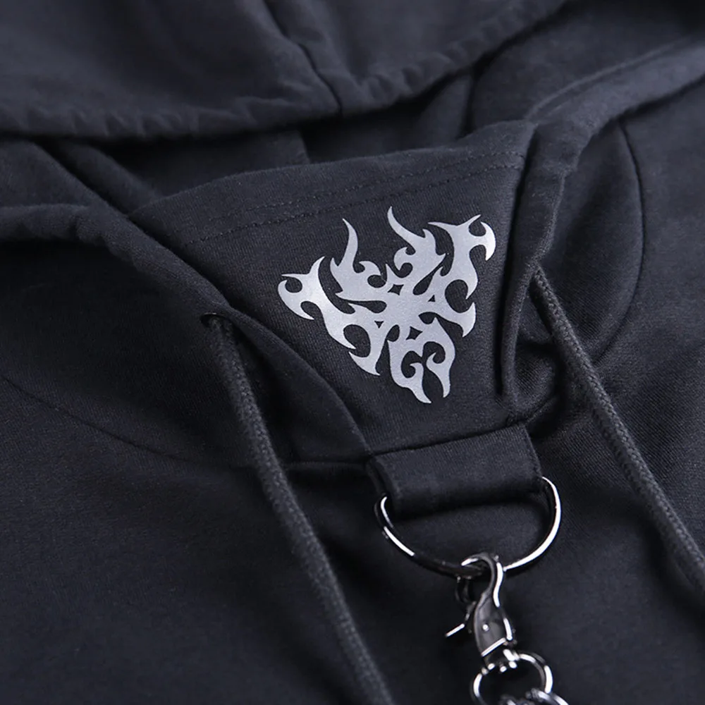 Streetwear Crop Hoodies Women Sweatshirt Gothic Punk Reflective Printed Chain Black Crop Hoodies Tops Casual Lady Gothic Goth