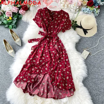 

ALPHALMODA 2020 Summer New Boho Dress Short-sleeved V-neck Sashes Irregular Printed Holiday Dress