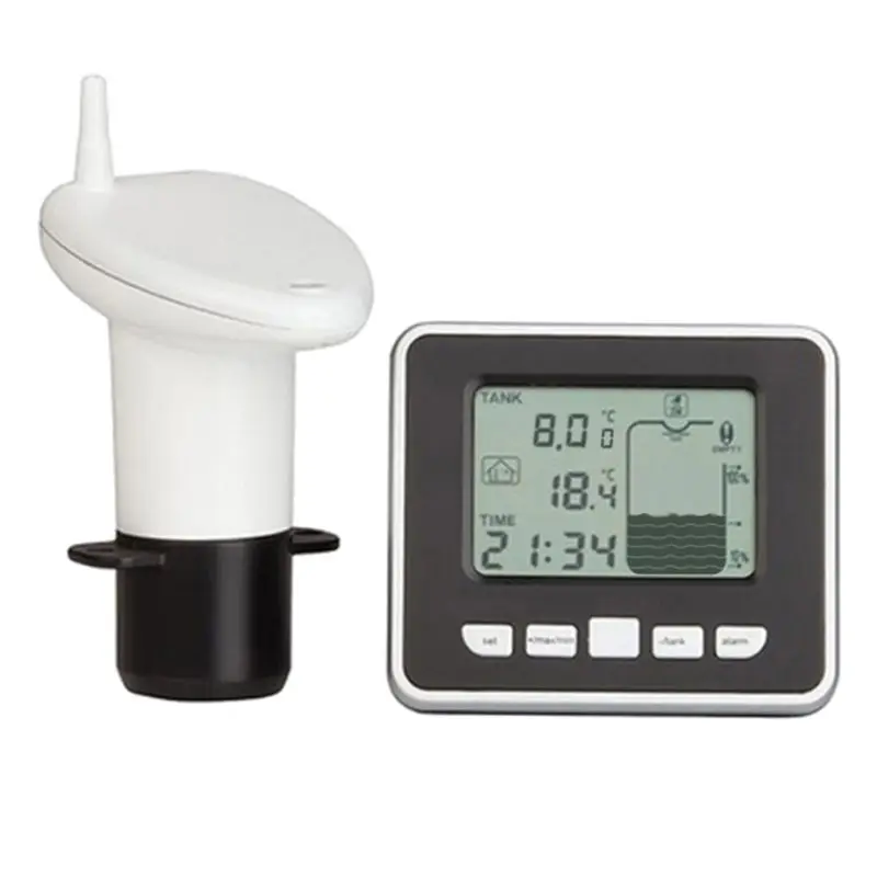 

Ultrasonic Water Tank Level Meter Temperature Sensor Low battery Liquid Depth Indicator Time Alarm Transmitter Measuring