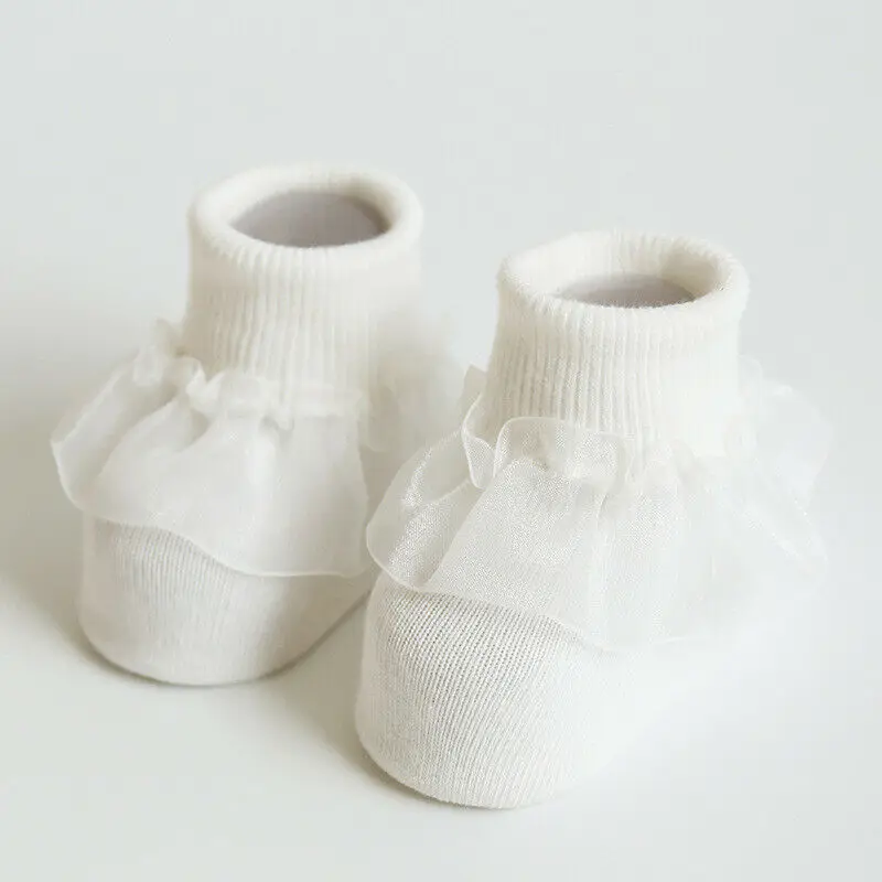 Милые детские носки для маленьких девочек хлопковые носки с кружевными оборками Нескользящие теплые носки принцессы с оборками для маленьких девочек 1 пара От 0 до 5 лет - Цвет: Белый