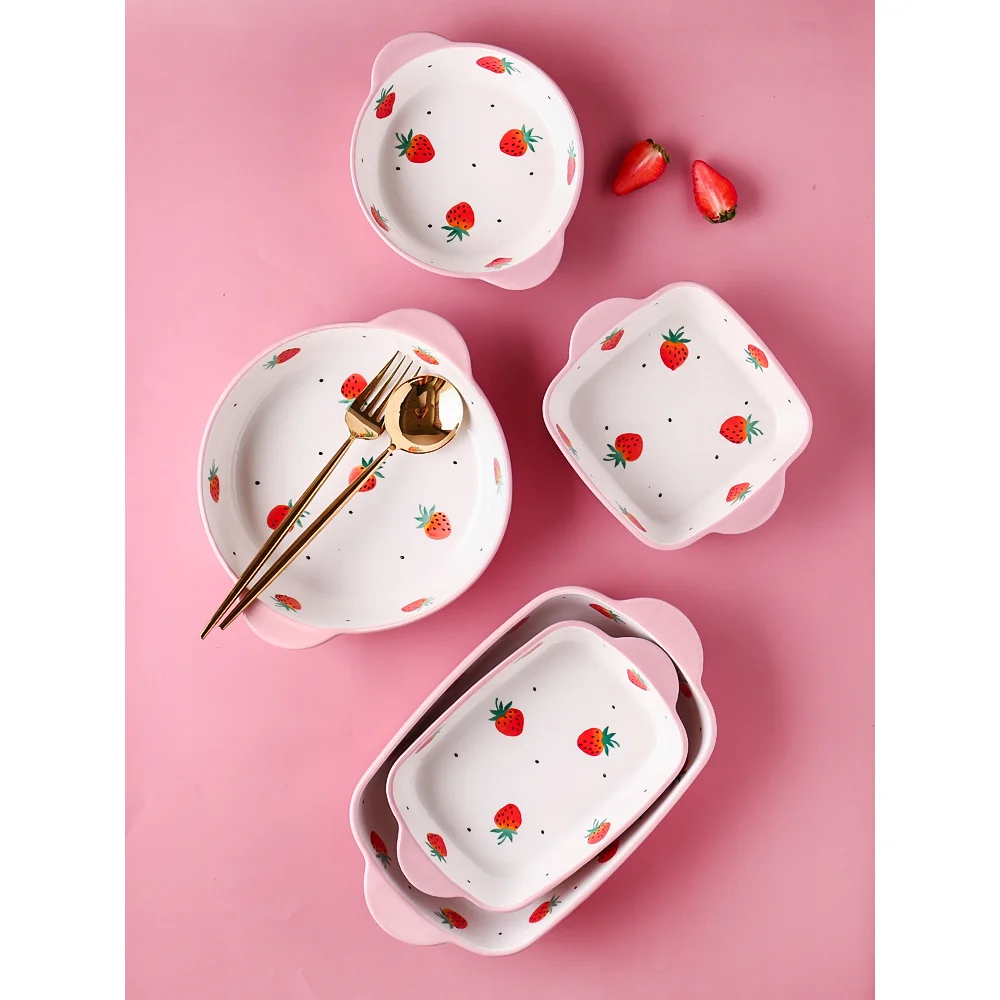 ceramic dinner plates cute girl strawberry printed dinnerware set breakfast dishes and plates sets ins cutlery tableware For cutlery set