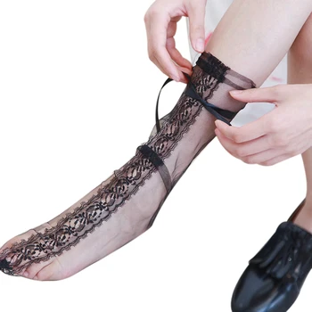 

women's new middle lace bow sweet net yarn Korean fashion pile female socks