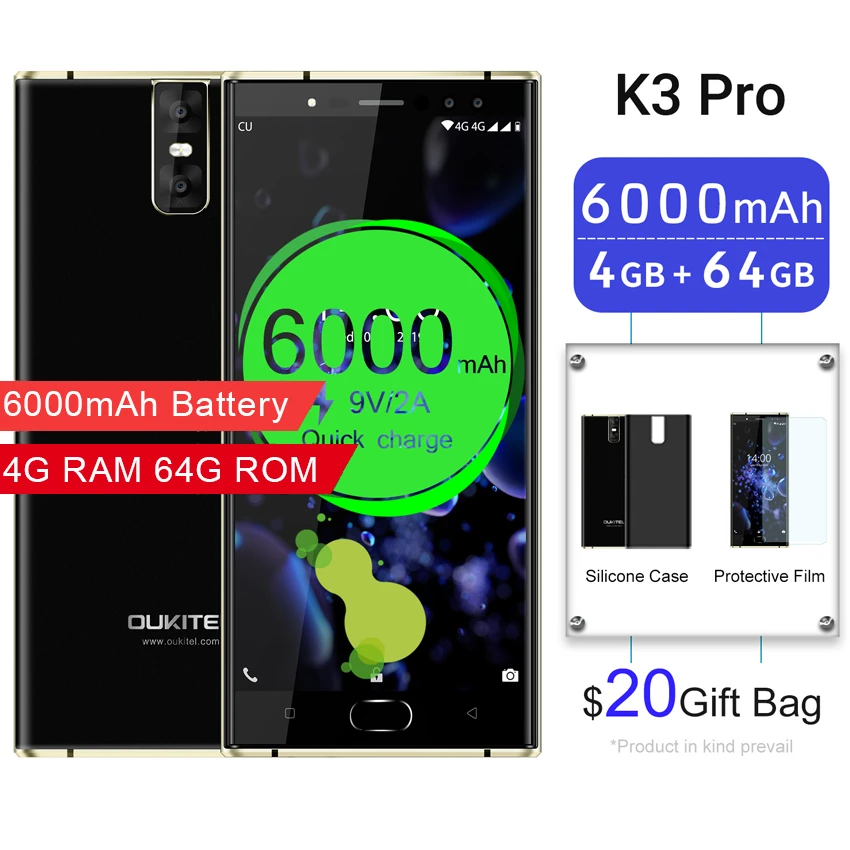 

Oukitel K3 Pro Mobile Phones 6000mAh Octa Core 4GB + 64GB 5.5" Dual 2.5D cell phone Screen 4 Cameras fast charging 4G Smartphone