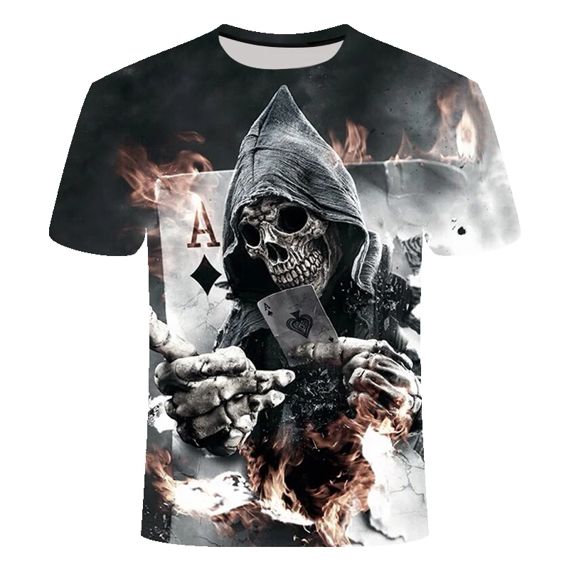 

2019 Nova Mens Verão Crânio Impressão de Poker T-shirt 3D T Camisa Dos Homens de Manga Curta Casuais T-shirt Respirável Plus-Size t-shirt