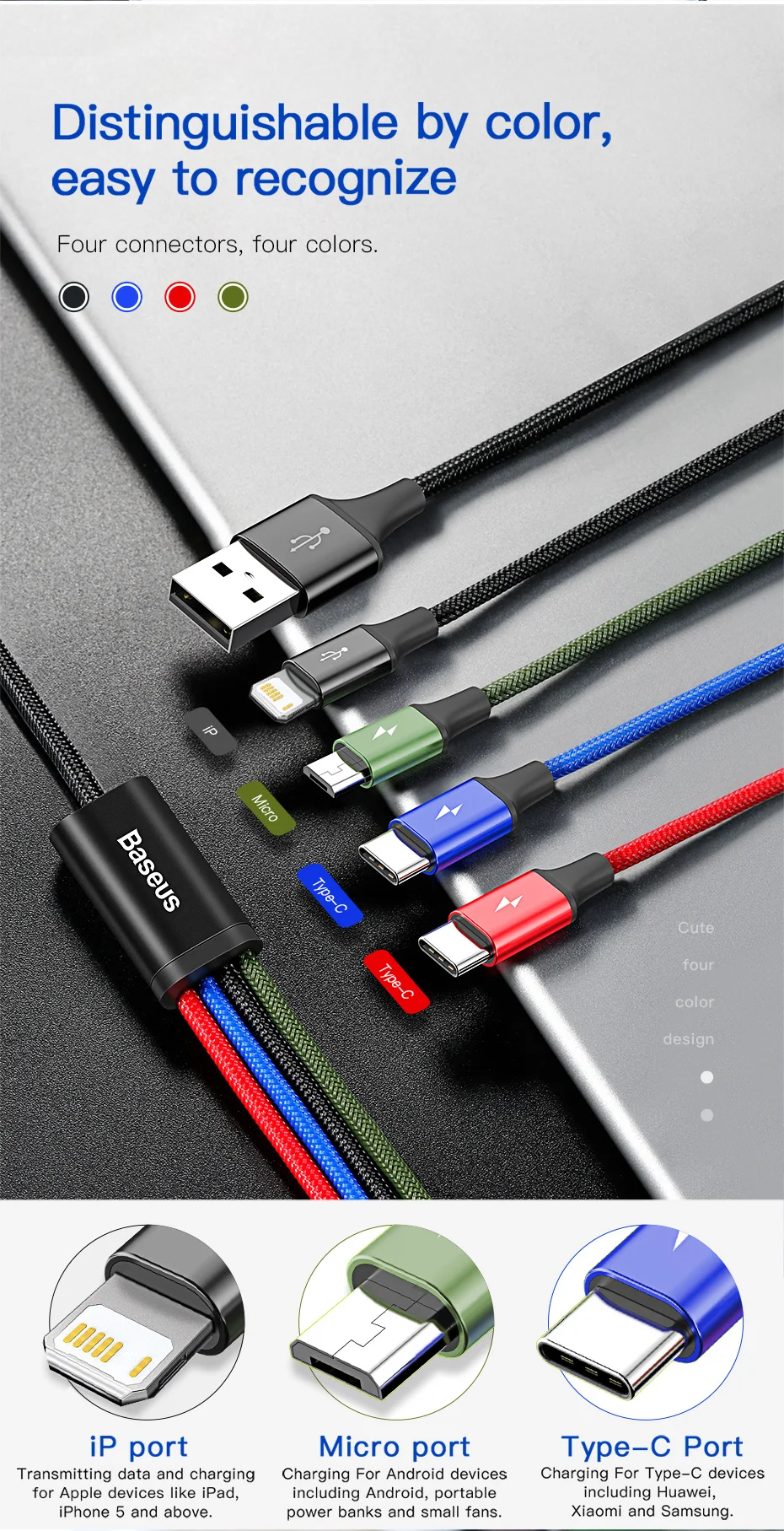 Cabo para Iphone Cabo para Samsung 4 em 1 Usb tipo c 3 em 1 Baseus Cabo Usb c Xiaomi Nota 8 Micro 11 Pro Max 6 Cheap Cabos flexíveis de celular